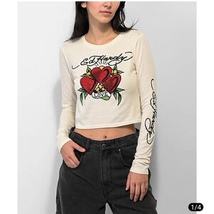 Ed Hardy Rhinestone Hearts natural long sleeve crop t-shirt, size L